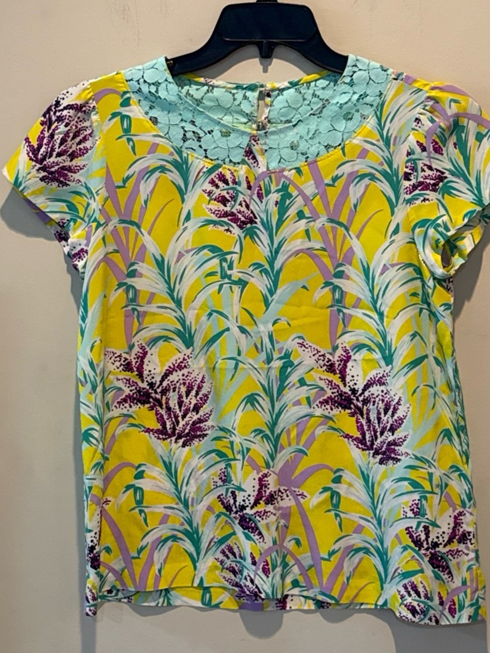 kate spade Yellow Floral Short Sleeve Top with Mint Lace Yoke